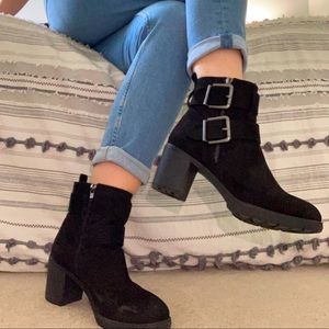Black suede buckle heal booties